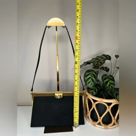 Vintage Charles Jourdan Black Suede Frame Bag Gold Hardware Clutch Leather Strap - Picture 9 of 10